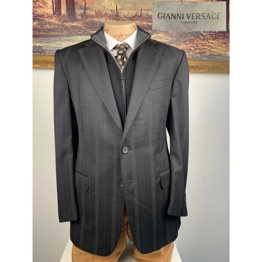 41L Gianni Versace Couture Black Striped Blazer Suit Jacket - Picture 1 of 13